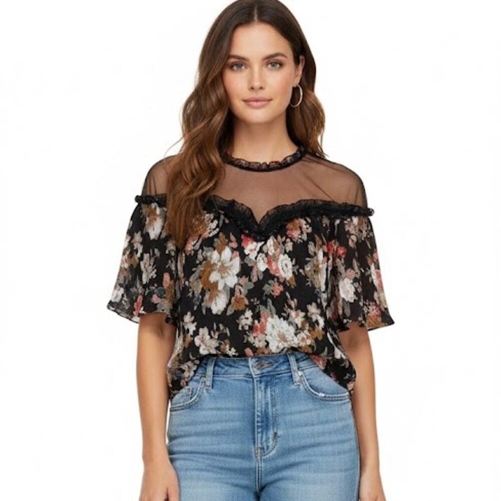 Foxiedox Black Floral Blouse Top With Sheer Mesh Detail Size XS